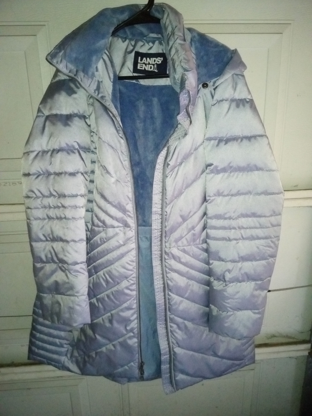Lands' End Women's Iridescent Light Blue-Silver Puffer Coat